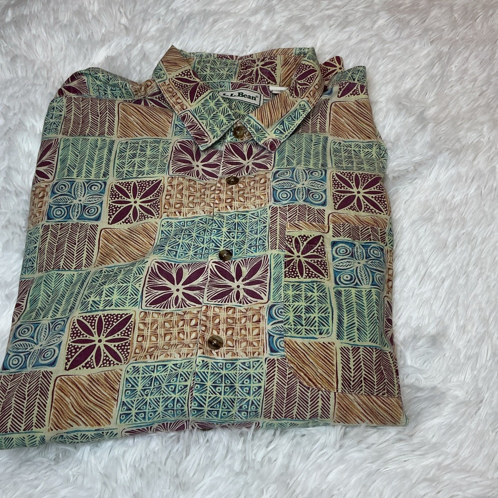 LL Bean Men's L Reg Hawaiian Short Sleeve Button Down 100% Cotton Shirt